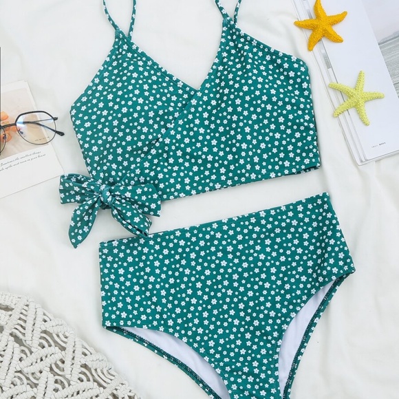 Boho Neon Pink Floral Print Tie V neck Bikini swim - Picture 4 of 6